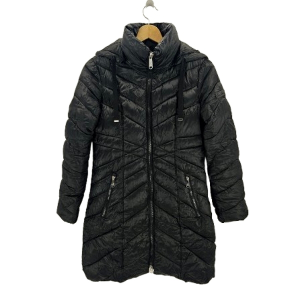 Sam Edelman Walker Hooded Black Long Quilted Puffer Coat Removable Hood - Picture 2 of 13